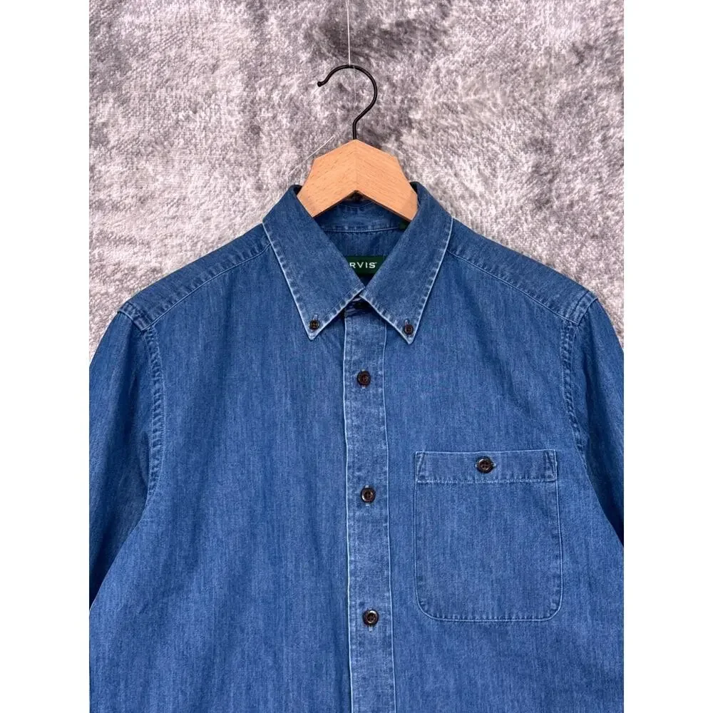 New Orvis Denim Shirt Small Mens Classic Fit Blue Work Shirt Long Sleeve